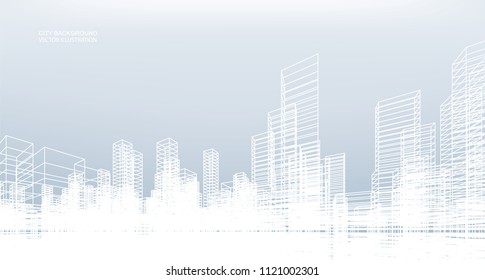 Abstract wireframe city background. Perspective 3D render of building wireframe. Vector illustration.