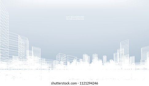 Abstract wireframe city background. Perspective 3D render of building wireframe. Vector illustration.