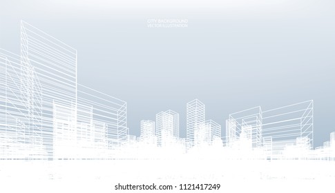 Abstract wireframe city background. Perspective 3D render of building wireframe. Vector illustration.