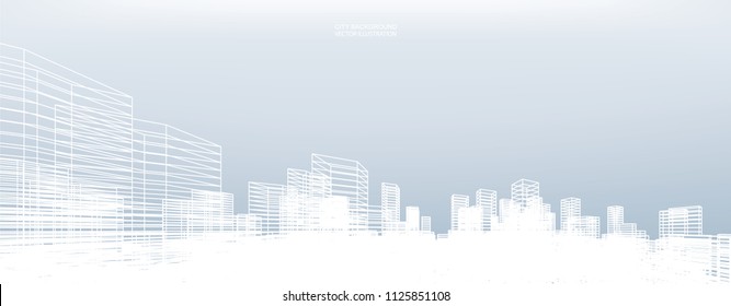 Abstract wireframe city background. Perspective 3D render of building wireframe. Vector illustration.