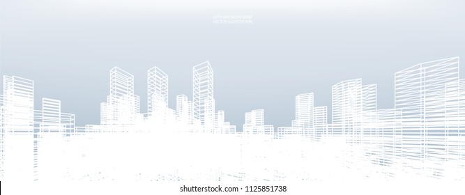 Abstract wireframe city background. Perspective 3D render of building wireframe. Vector illustration.