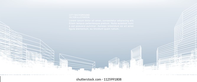 Abstract wireframe city background. Perspective 3D render of building wireframe. Vector illustration.