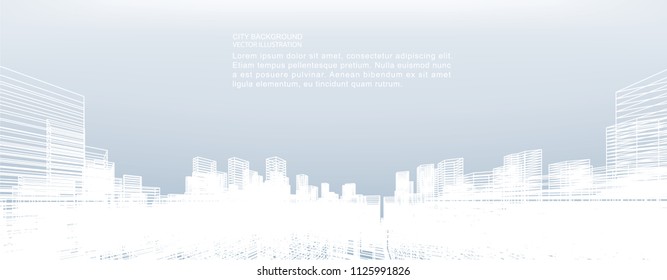 Abstract wireframe city background. Perspective 3D render of building wireframe. Vector illustration.