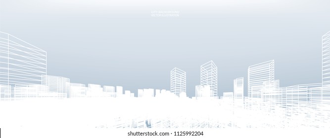 Abstract wireframe city background. Perspective 3D render of building wireframe. Vector illustration.