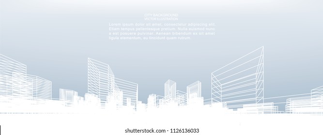 Abstract wireframe city background. Perspective 3D render of building wireframe. Vector illustration.