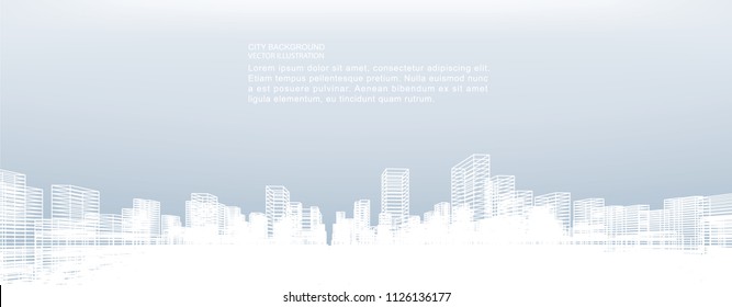 Abstract wireframe city background. Perspective 3D render of building wireframe. Vector illustration.