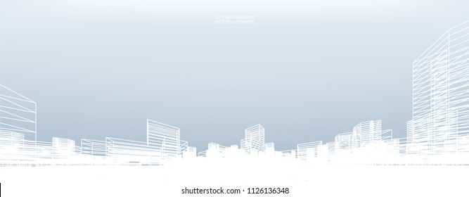 Abstract wireframe city background. Perspective 3D render of building wireframe. Vector illustration.