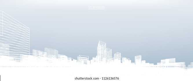 Abstract Wireframe City Background. Perspective 3D Render Of Building Wireframe. Vector Illustration.