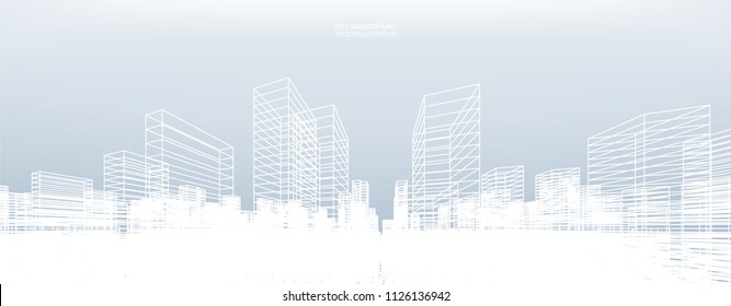 Abstract wireframe city background. Perspective 3D render of building wireframe. Vector illustration.