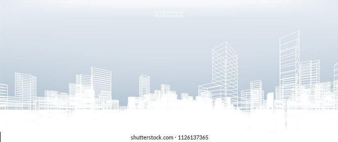 Abstract wireframe city background. Perspective 3D render of building wireframe. Vector illustration.
