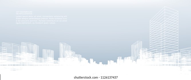 Abstract wireframe city background. Perspective 3D render of building wireframe. Vector illustration.