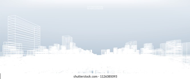 Abstract wireframe city background. Perspective 3D render of building wireframe. Vector illustration.