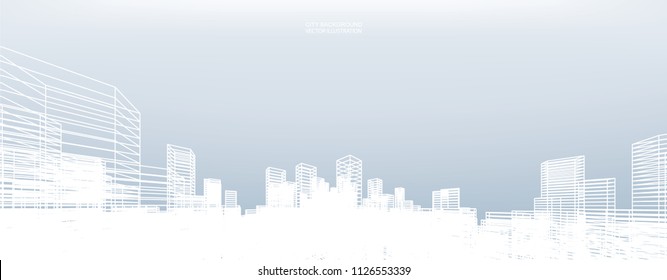 Abstract wireframe city background. Perspective 3D render of building wireframe. Vector illustration.