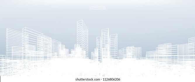 Abstract wireframe city background. Perspective 3D render of building wireframe. Vector illustration.