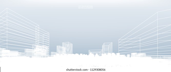 Abstract wireframe city background. Perspective 3D render of building wireframe. Vector illustration.