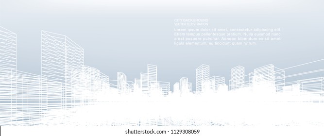 Abstract wireframe city background. Perspective 3D render of building wireframe. Vector illustration.