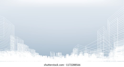 Abstract wireframe city background. Perspective 3D render of building wireframe. Vector illustration.