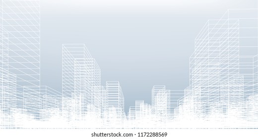 Fondo de la ciudad del modelo de alambre abstracto.Representación 3D de la estructura del alambre de la construcción. Ilustración vectorial.