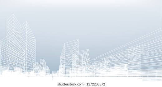 Abstract Wireframe City Background. Perspective 3D Render Of Building Wireframe. Vector Illustration.