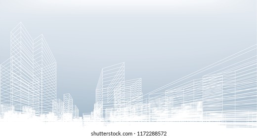 Abstract wireframe city background. Perspective 3D render of building wireframe. Vector illustration.