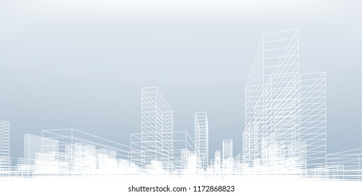 Abstract wireframe city background. Perspective 3D render of building wireframe. Vector illustration.