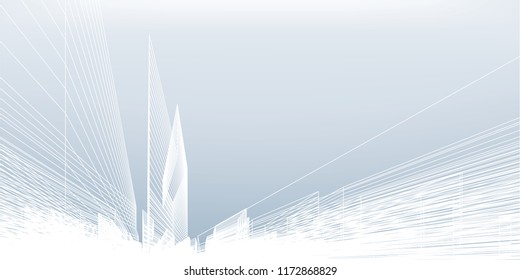 Abstract wireframe city background. Perspective 3D render of building wireframe. Vector illustration.