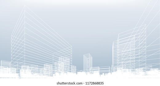 Abstract wireframe city background. Perspective 3D render of building wireframe. Vector illustration.