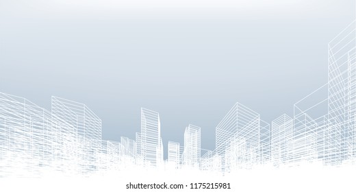 Abstract wireframe city background. Perspective 3D render of building wireframe. Vector illustration.