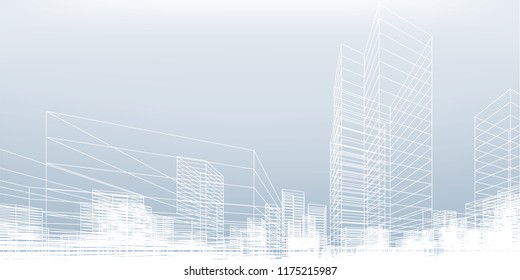 Abstract wireframe city background. Perspective 3D render of building wireframe. Vector illustration.