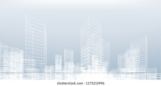 Abstract wireframe city background. Perspective 3D render of building wireframe. Vector illustration.