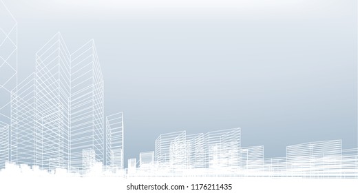 Abstract wireframe city background. Perspective 3D render of building wireframe. Vector illustration.