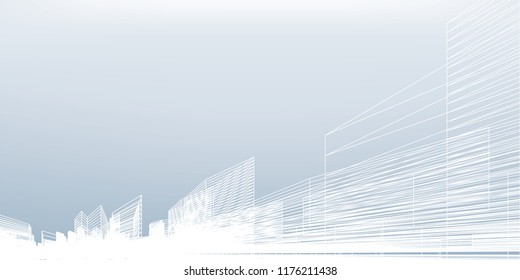 Abstract wireframe city background. Perspective 3D render of building wireframe. Vector illustration.