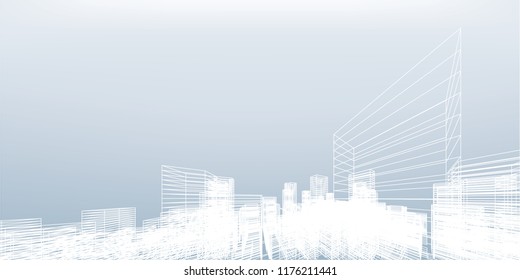 Abstract wireframe city background. Perspective 3D render of building wireframe. Vector illustration.