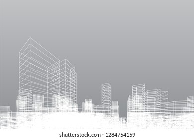 Abstract wireframe city background. Perspective 3D render of building wireframe. Vector illustration.