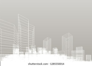 Abstract wireframe city background. Perspective 3D render of building wireframe. Vector illustration.