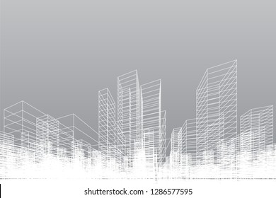 Abstract wireframe city background. Perspective 3D render of building wireframe. Vector illustration.