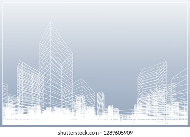 Abstract wireframe city background. Perspective 3D render of building wireframe. Vector illustration.