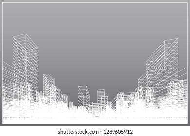 Abstract wireframe city background. Perspective 3D render of building wireframe. Vector illustration.
