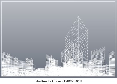 Abstract wireframe city background. Perspective 3D render of building wireframe. Vector illustration.