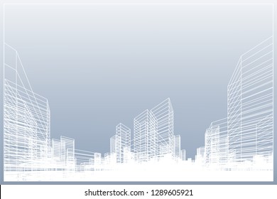 Abstrakter Wireframe - Stadthintergrund. Perspektive 3D-Darstellung des Gebäudes Wireframe. Vektorillustration.