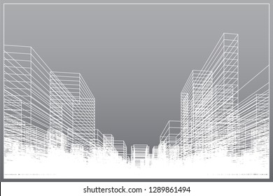 Abstract wireframe city background. Perspective 3D render of building wireframe. Vector illustration.