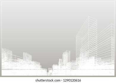 Abstract wireframe city background. Perspective 3D render of building wireframe. Vector illustration.
