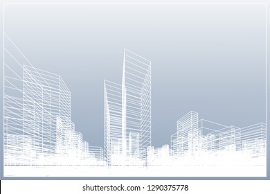 Abstract wireframe city background. Perspective 3D render of building wireframe. Vector illustration.