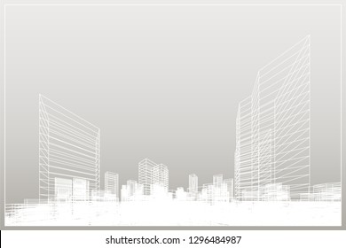 Abstract wireframe city background. Perspective 3D render of building wireframe. Vector illustration.