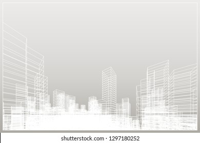 Abstract wireframe city background. Perspective 3D render of building wireframe. Vector illustration.