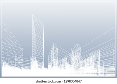 Abstract wireframe city background. Perspective 3D render of building wireframe. Vector illustration.