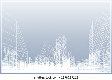 Abstract wireframe city background. Perspective 3D render of building wireframe. Vector illustration.