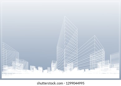 Abstract wireframe city background. Perspective 3D render of building wireframe. Vector illustration.