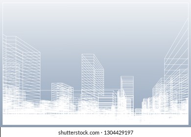 Abstract wireframe city background. Perspective 3D render of building wireframe. Vector illustration.