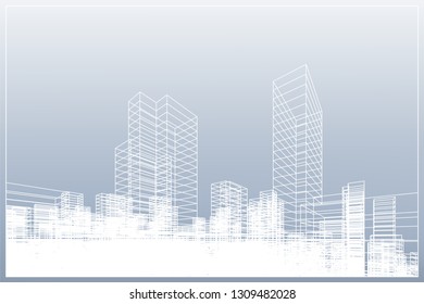Abstract wireframe city background. Perspective 3D render of building wireframe. Vector illustration.